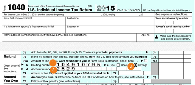 Form 1040 location of number 1 through 3 from above on the form
